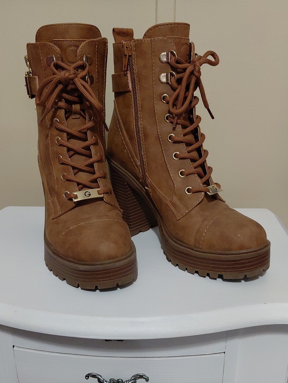GBG Los Angeles Cognac Lace-Up Platform Ankle Boots